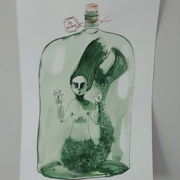 3/$30 - mermaid in jar ink painting